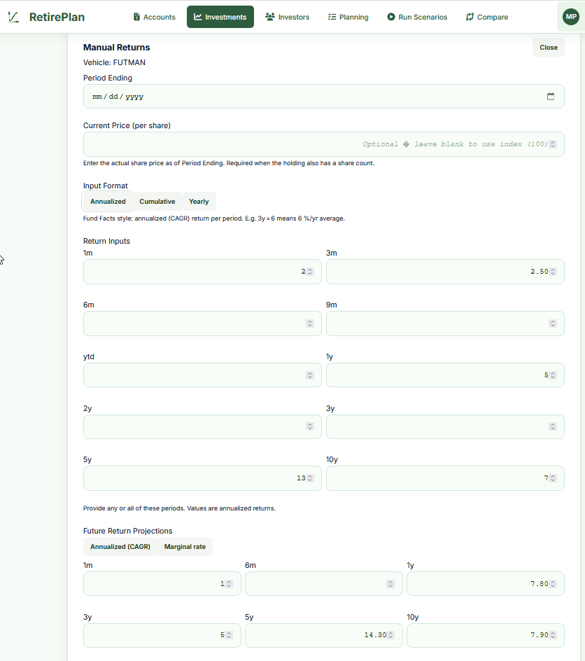 Manual History + Future Projections input