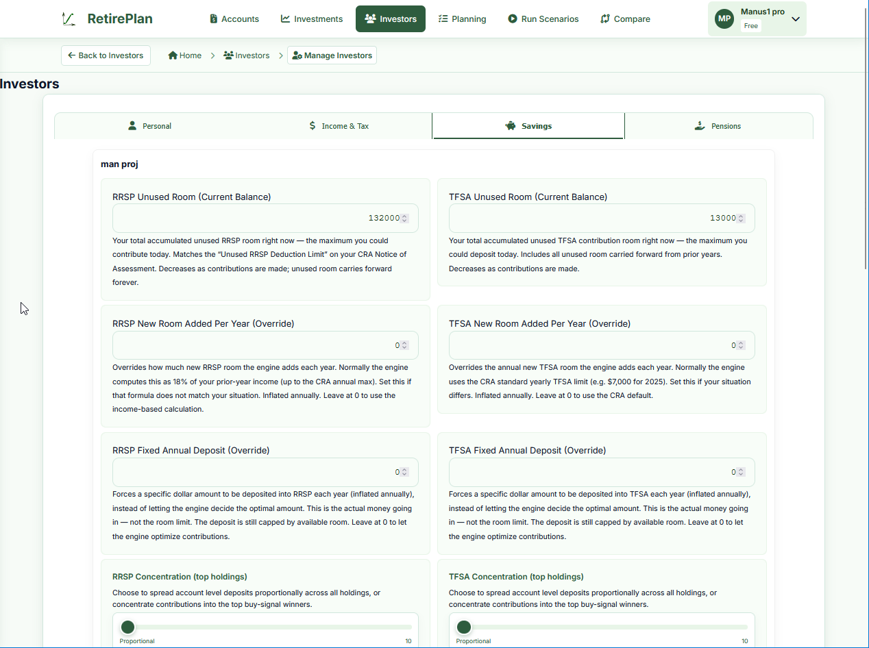Manage Investors — Savings tab